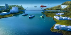 BOS Power energiløsninger illustrert i et kystnært knutepunkt med marine fartøy, energilagring, nødstrøm og fornybare systemer.